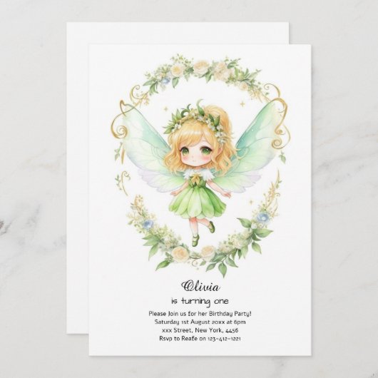 Fairy First Birthday Invitation Kaart (Voorkant / Achterkant)