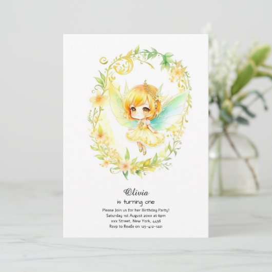 Fairy First Birthday Invitation Kaart (Staand voorkant)