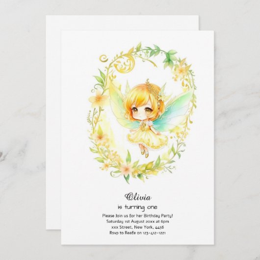 Fairy First Birthday Invitation Kaart (Voorkant / Achterkant)