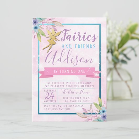 Fairy First Birthday Invitation Kaart (Staand voorkant)