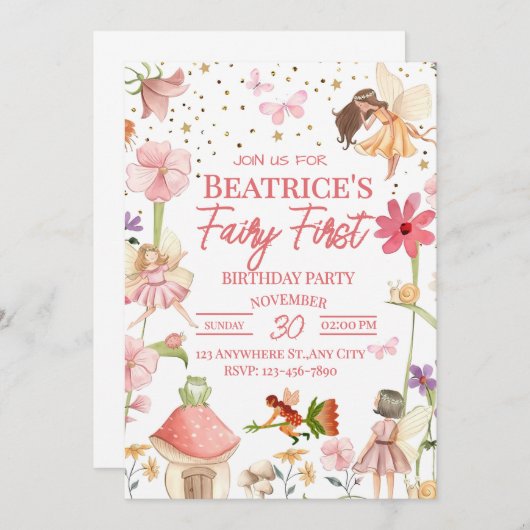 Fairy First Birthday Invitation Kaart (Voorkant / Achterkant)