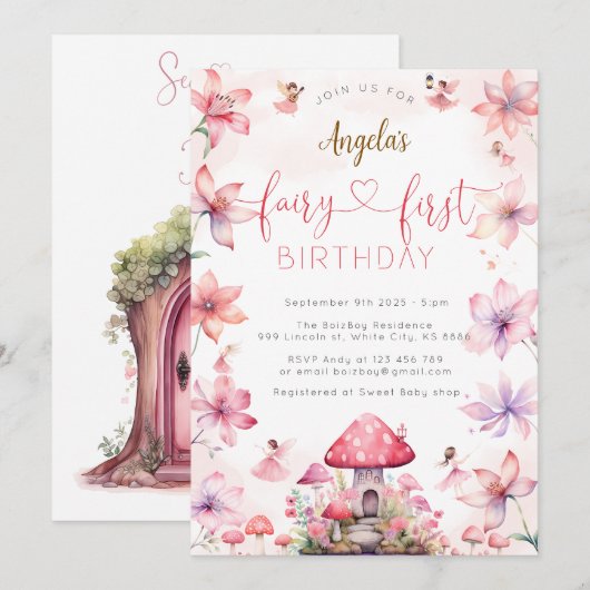 Fairy First Birthday Magische feestuitnodiging Kaart (Voorkant / Achterkant)