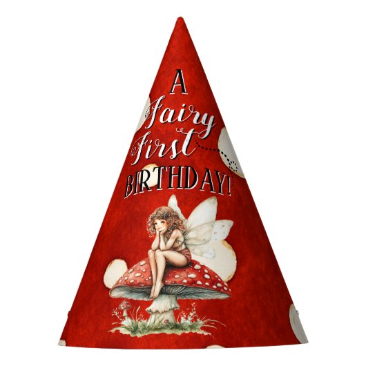 Fairy First Birthday Mushroom Red Polka dot Feesthoedjes (Voorkant)