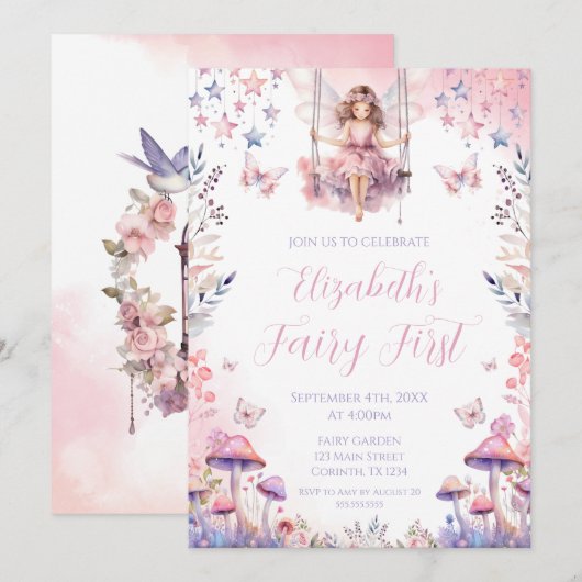 Fairy First birthday Party Invitation Kaart (Voorkant / Achterkant)