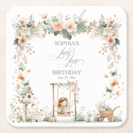 Fairy First Birthday Party Personalized Kartonnen Onderzetters (Voorkant)