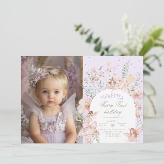 Fairy First Birthday Pastel Lilac Whimsical Photo Kaart (Staand voorkant)