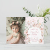 Fairy First Birthday Pastel Whimsical Photo Kaart (Staand voorkant)