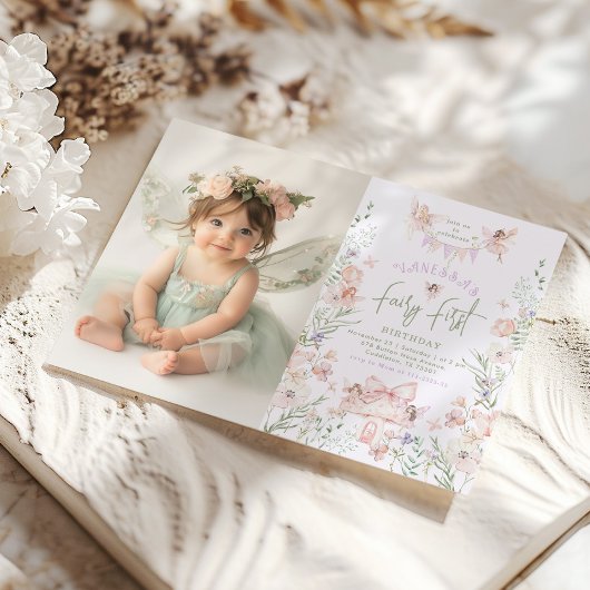 Fairy First Birthday Pastel Whimsical Photo Kaart