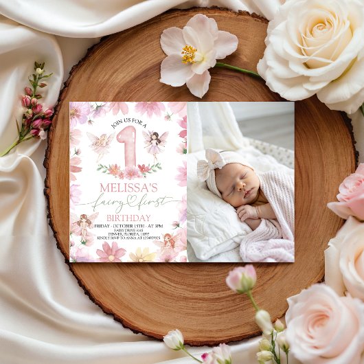 Fairy First Birthday Photo Invitation Kaart