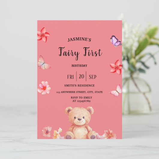 Fairy First Birthday roze feestuitnodiging Kaart (Staand voorkant)