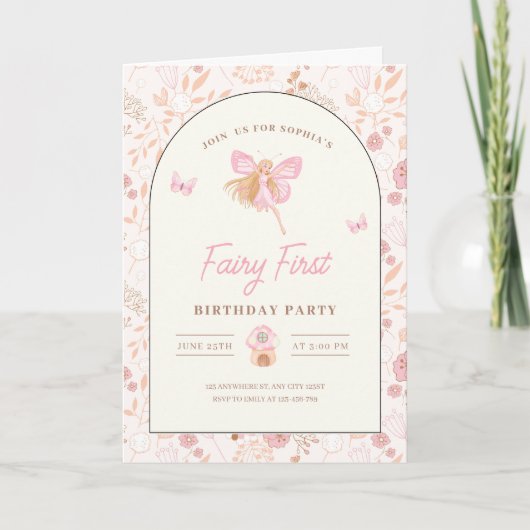Fairy First Birthday Uitnodiging, Tuin verjaardag (Voorkant)