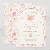 Fairy First Birthday Uitnodiging, Tuin verjaardag Kaart (Voorkant / Achterkant)