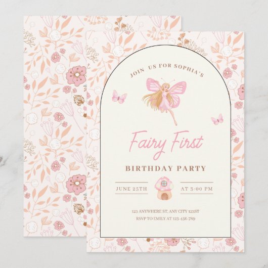 Fairy First Birthday Uitnodiging, Tuin verjaardag Kaart (Voorkant / Achterkant)