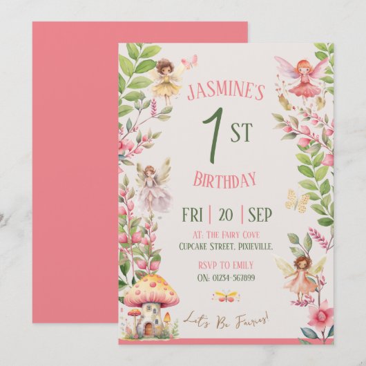 Fairy First Birthday Waterverf Uitnodiging (Voorkant / Achterkant)