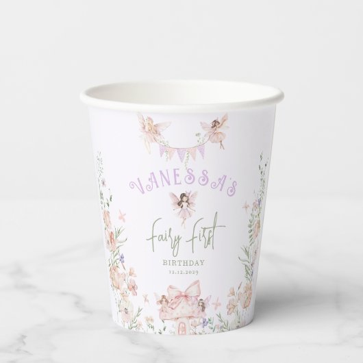 Fairy First Birthday Whimsical garden Lilac Papieren Bekers (Achterkant)