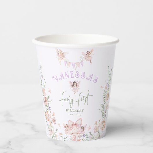 Fairy First Birthday Whimsical garden Lilac Papieren Bekers (Voorkant)