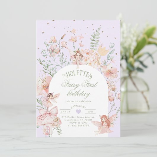 Fairy First Birthday Whimsical Garden Purple Kaart (Staand voorkant)