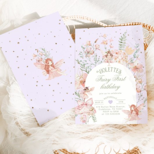Fairy First Birthday Whimsical Garden Purple Kaart