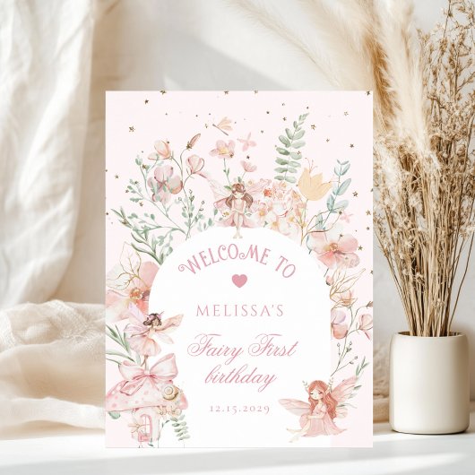 Fairy First Birthday Whimsical pink Welcome Poster