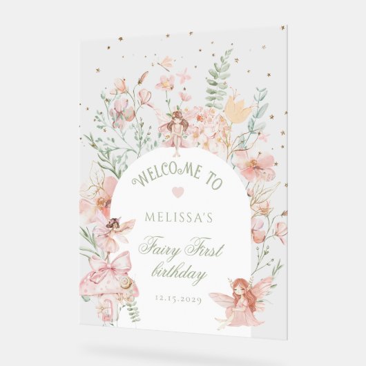 Fairy First Birthday Whimsical Purple Welcome Acryl Bord (Hoek)