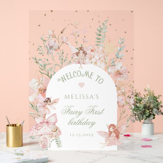 Fairy First Birthday Whimsical Purple Welcome Acryl Bord (Huwelijk)