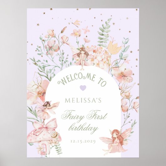 Fairy First Birthday Whimsical Purple Welcome Poster (Voorkant)