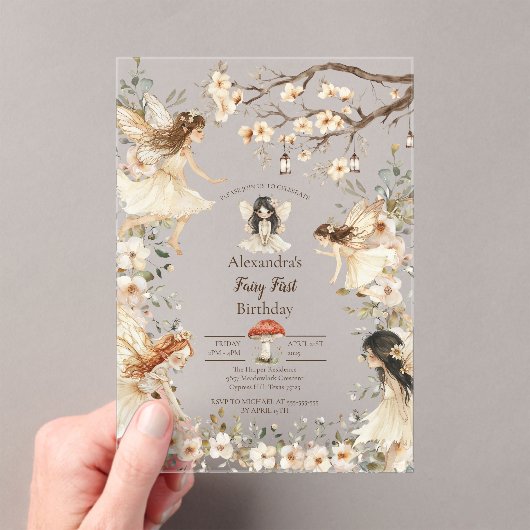 Fairy First Birthday Woodland Floral Invitation Acryl Uitnodigingen (Insitu (Draagbaar))