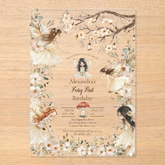 Fairy First Birthday Woodland Floral Invitation Acryl Uitnodigingen (Voorkant)