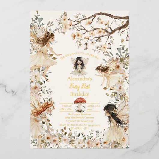 Fairy First Birthday Woodland Floral Invitation Folie Uitnodiging (Voorkant)