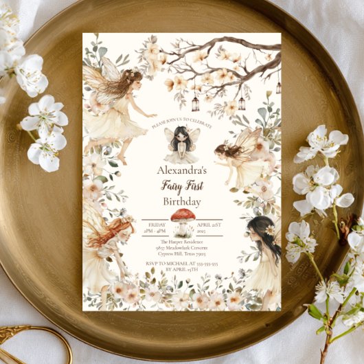 Fairy First Birthday Woodland Floral Invitation Kaart