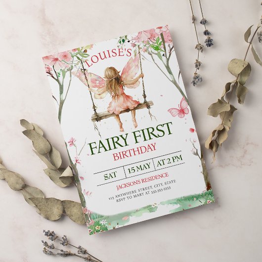 Fairy First Girl's 1st Birthday Invitation Kaart