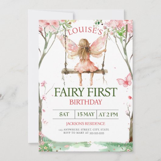 Fairy First Girl's 1st Birthday Invitation Kaart (Voorkant)