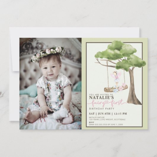 Fairy First Girl's 1st Birthday Party Custom Foto Kaart (Voorkant)