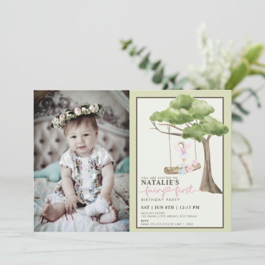 Fairy First Girl's 1st Birthday Party Custom Foto Kaart (Staand voorkant)