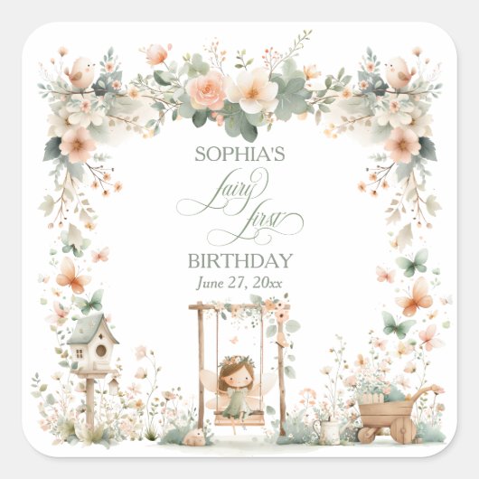 Fairy First Girl's Birthday Party Vierkante Sticker (Voorkant)