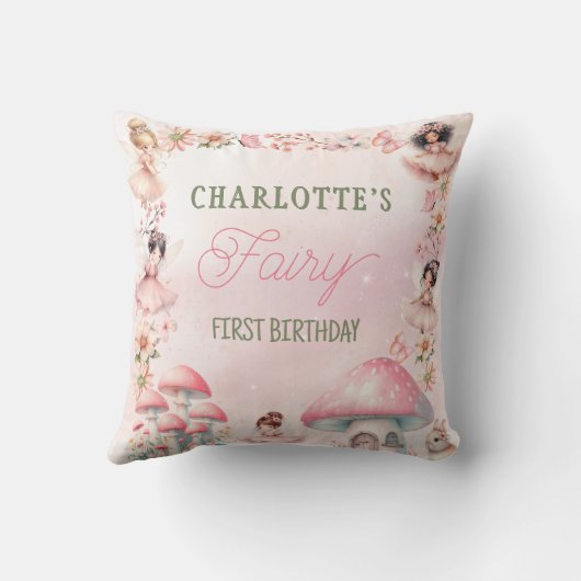 Fairy First Mushroom House Pink Birthday Kussen (Achterkant)