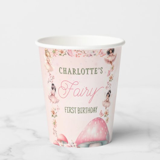 Fairy First Mushroom House Pink Birthday Paper cup Papieren Bekers (Achterkant)