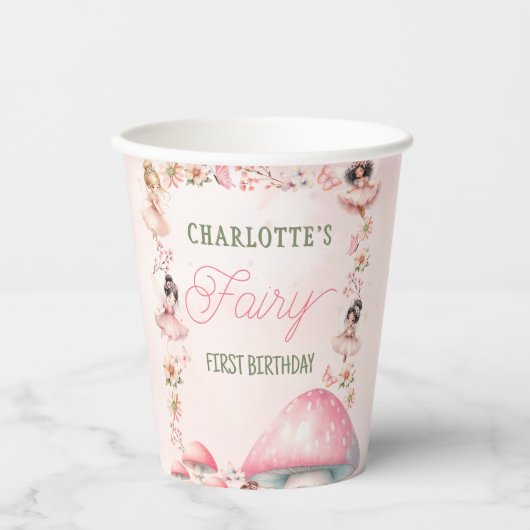Fairy First Mushroom House Pink Birthday Paper cup Papieren Bekers (Voorkant)