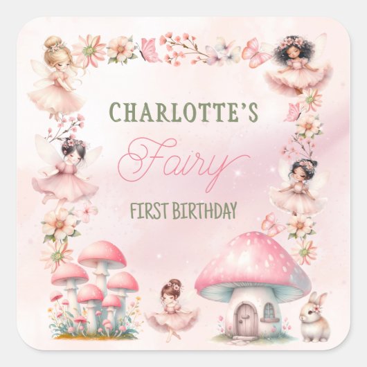 Fairy First Mushroom House Pink Birthday Vierkante Sticker (Voorkant)