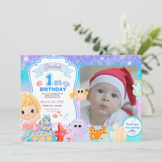 Fairy First Purple Sea Photo 1st Birthday  Kaart (Staand voorkant)