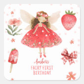 Fairy First Strawberry Fairy Verjaardagsgunst Vierkante Sticker (Voorkant)