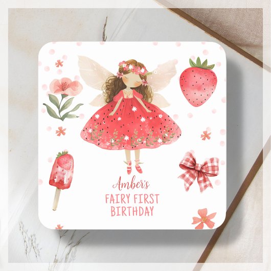 Fairy First Strawberry Fairy Verjaardagsgunst Vierkante Sticker