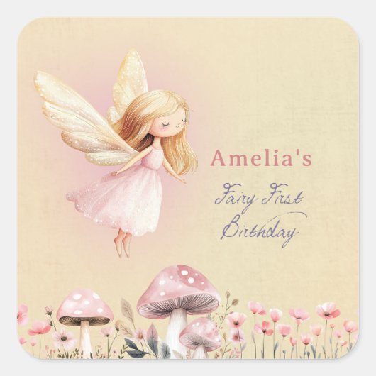 Fairy First Theme Girl's 1st Birthday Party Custom Vierkante Sticker (Voorkant)