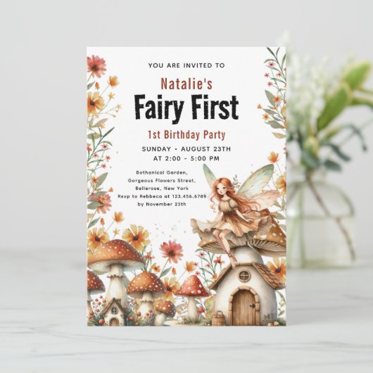 Fairy First Theme Girl's 1st Birthday Party Kaart (Staand voorkant)