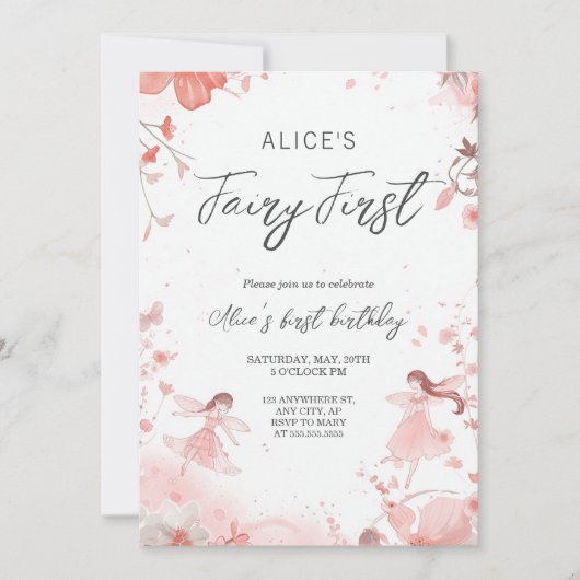 Fairy First Theme Girl's 1st Birthday Party Kaart (Voorkant)