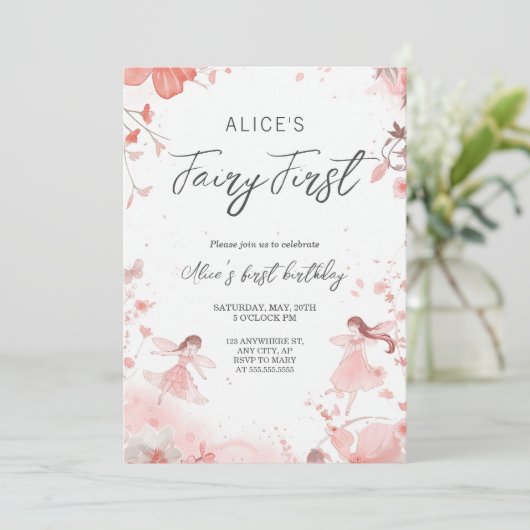 Fairy First Theme Girl's 1st Birthday Party Kaart (Staand voorkant)