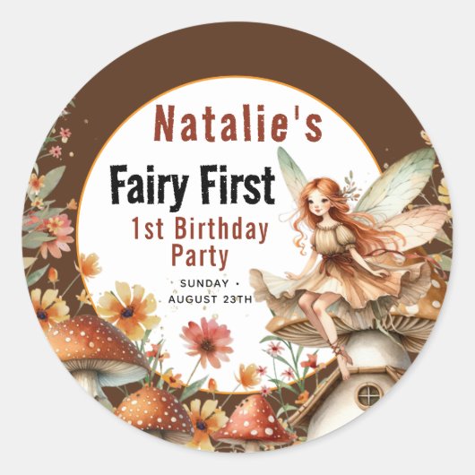 Fairy First Theme Girl's 1st Birthday Party Ronde Sticker (Voorkant)