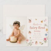 Fairy First Watercolor Widflower Birthday Photo Kaart (Voorkant / Achterkant)