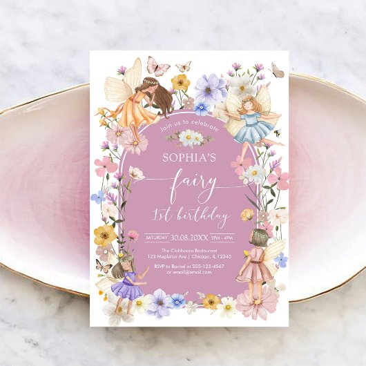 Fairy First Wildflower 1st Birthday Invitation Kaart