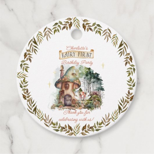 Fairy First Woodland Dieren Paddestoel 1e verjaard Bedankjes Labels (Voorkant)